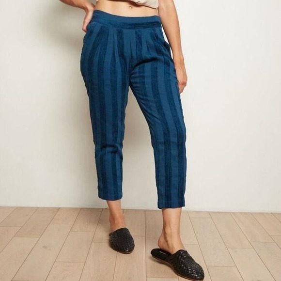 The Odells Pleat Front Pull On Ankle Pants in Teal Velvet Stripe w Pockets - Picture 2 of 9